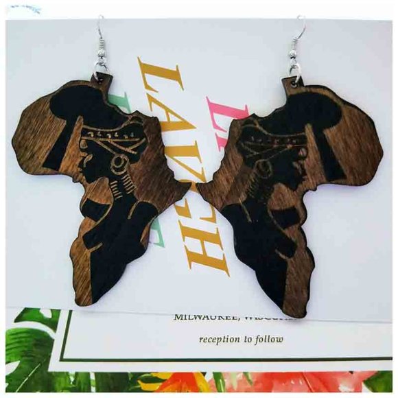 Wood African Queen Earrings - Picture 3 of 4